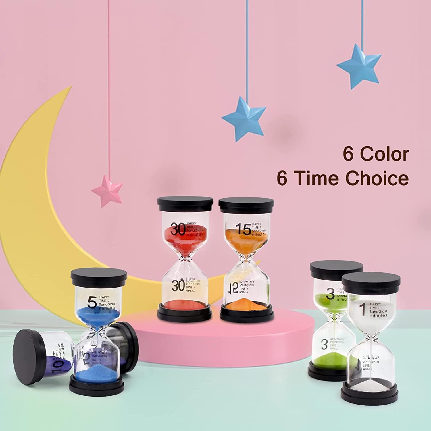 6Pcs Sand Timers- Hourglass Sand Timers Colorful 1/3/5/10/15/30 Minutes Sandglass Timer with Protective Cover for Games Classroom Home Office Cooking-3