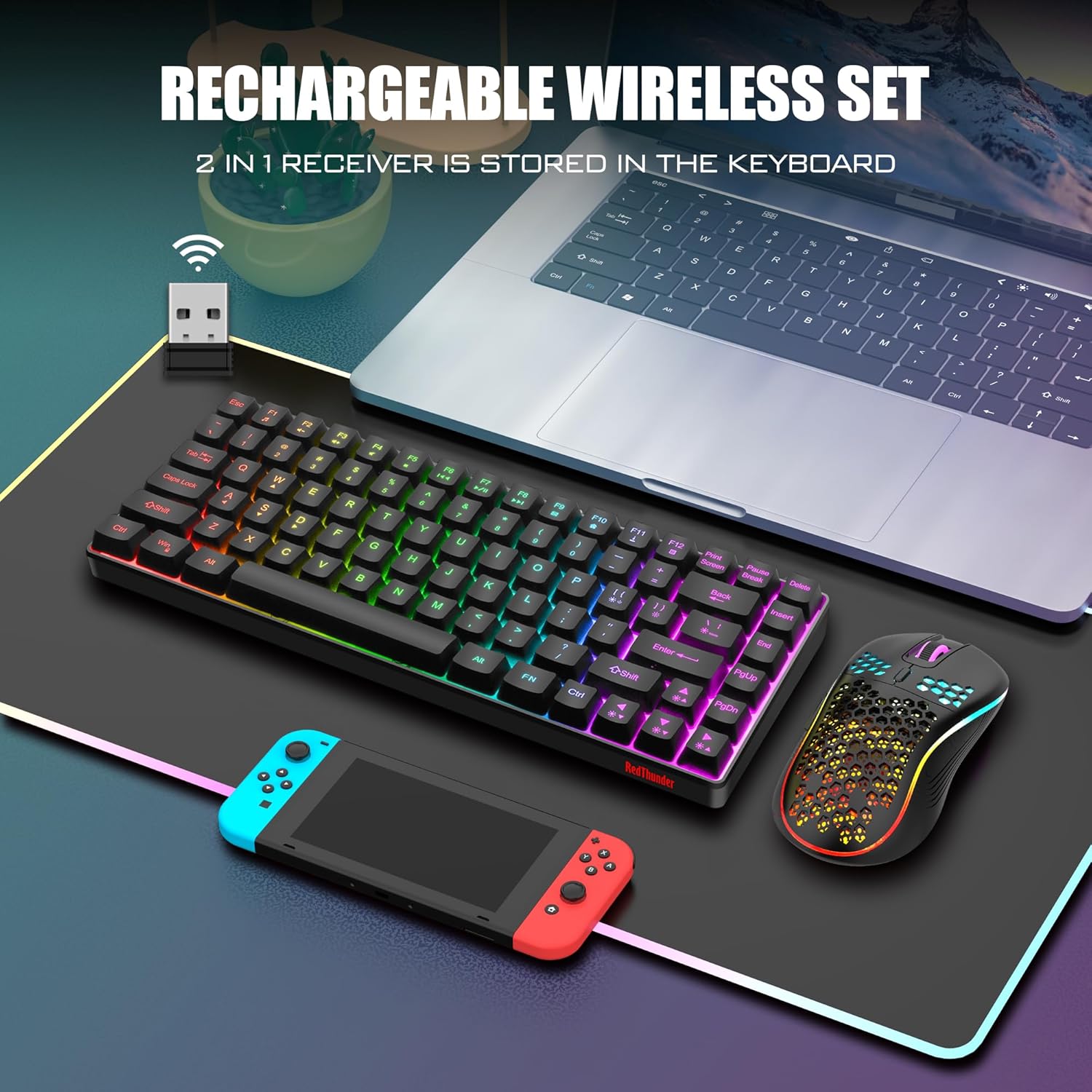 RedThunder K84 75% Wireless Gaming Keyboard and Mouse Rainbow Backlight UK Layout 85 Keys TKL Ultra Compact Mini Design Lightweight Honeycomb Gaming Mouse for PC Mac PS5 Xbox Office Gamers-1