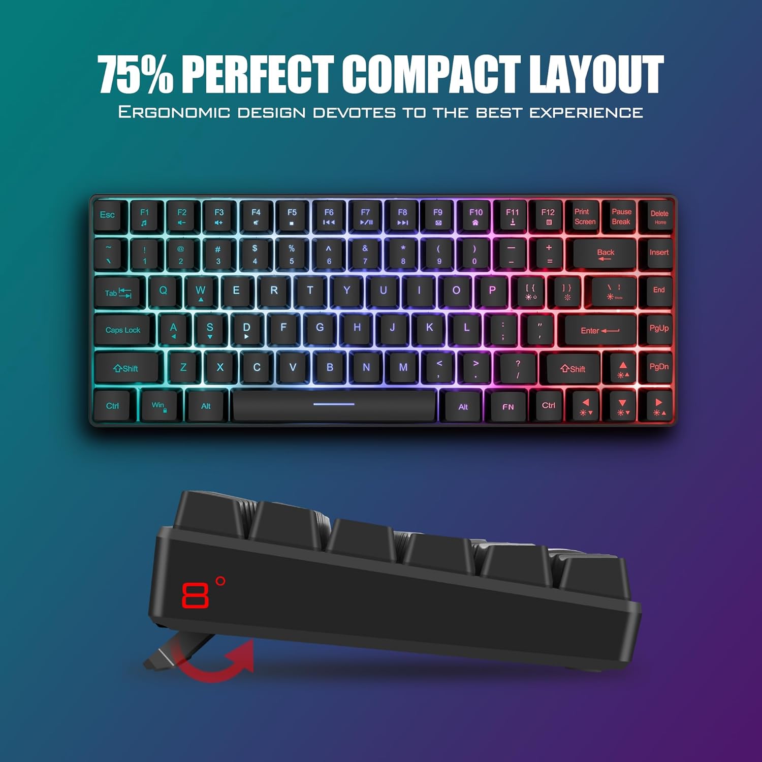 RedThunder K84 75% Wireless Gaming Keyboard and Mouse Rainbow Backlight UK Layout 85 Keys TKL Ultra Compact Mini Design Lightweight Honeycomb Gaming Mouse for PC Mac PS5 Xbox Office Gamers-5