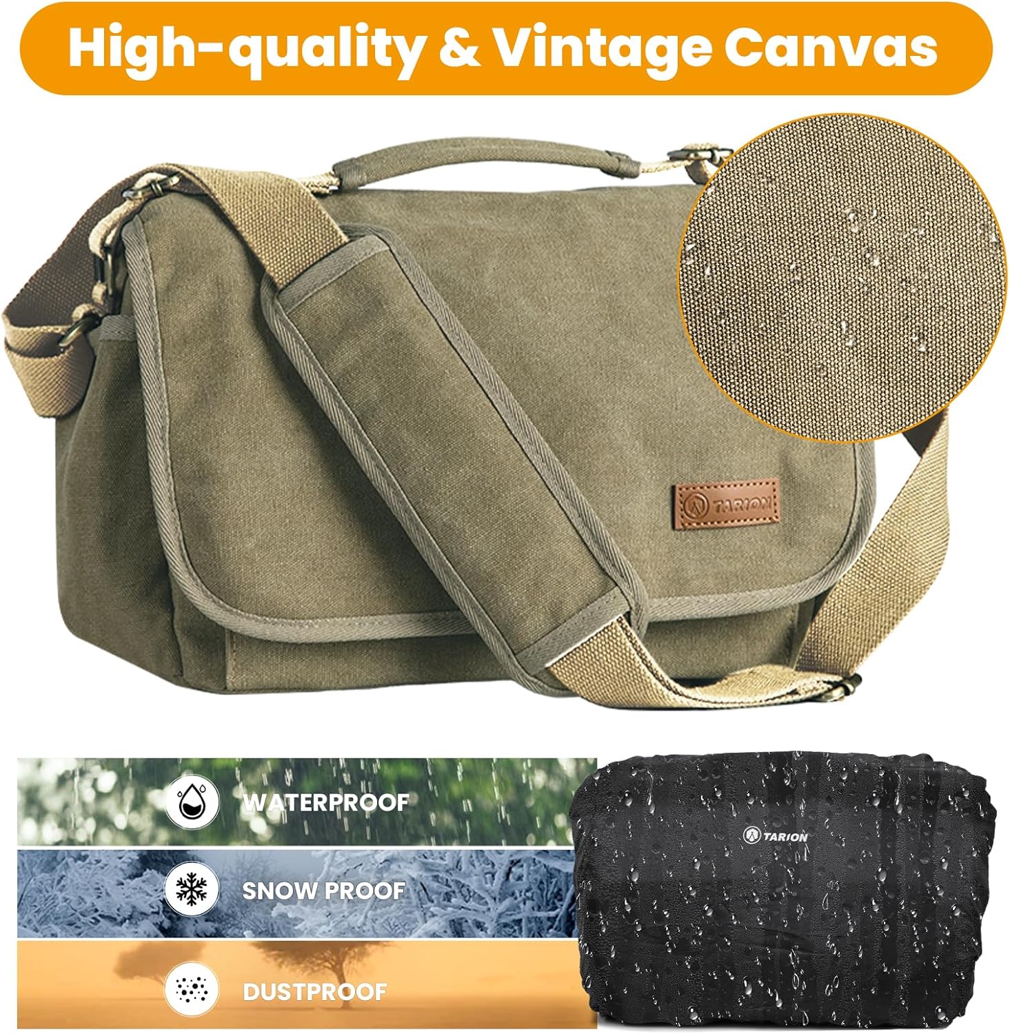 TARION Canvas Camera Bag Crossbody - Vintage Photo Bag DSLR Camera Messenger Bag Single Shoulder Bag Photo Bag Case for Women Men Street Urban Photography with Waterproof Raincover RS-01-1