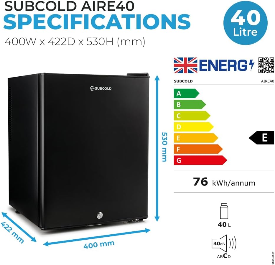 Subcold Aire40 LED Mini Fridge | 40L Table Top Fridge | Quiet & Frost Free for Bedrooms & Hotels | Lockable with Solid door & interior LED light (Black)-3