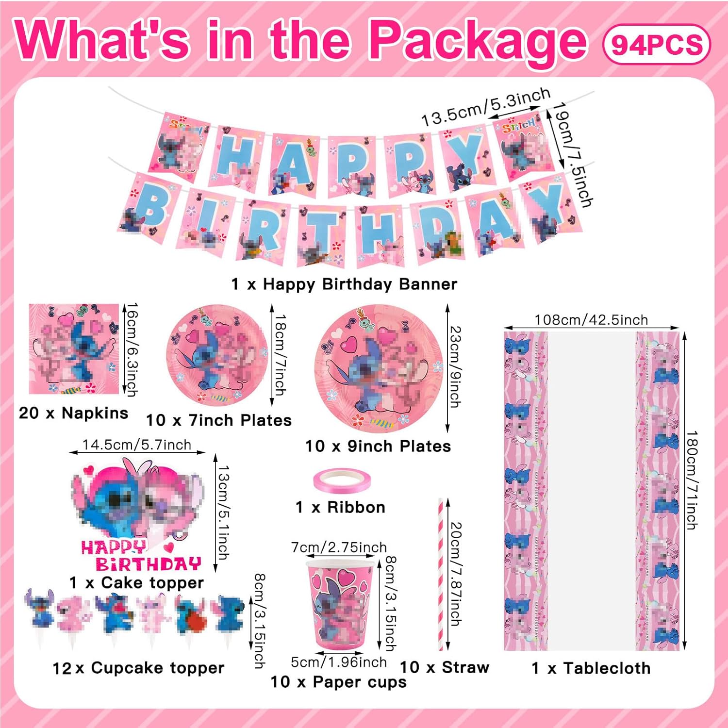 94PCS Birthday Decorations, Kids Party Tableware Set with Plates Cups and Napkins Birthday Banner Cake Topper, Party Decorations Party Supplies for Kids Boys Girls 10 Guests-1