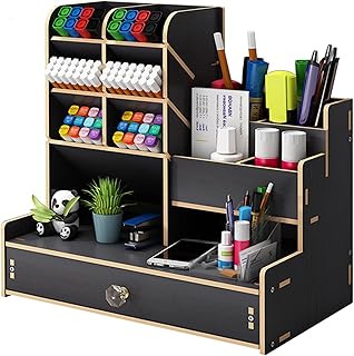 Marbrasse Wooden Desk Organiser,Pen Holer for Desk, Stationary Organiser,Desktop Storage Organizer Caddy(Black Wood)