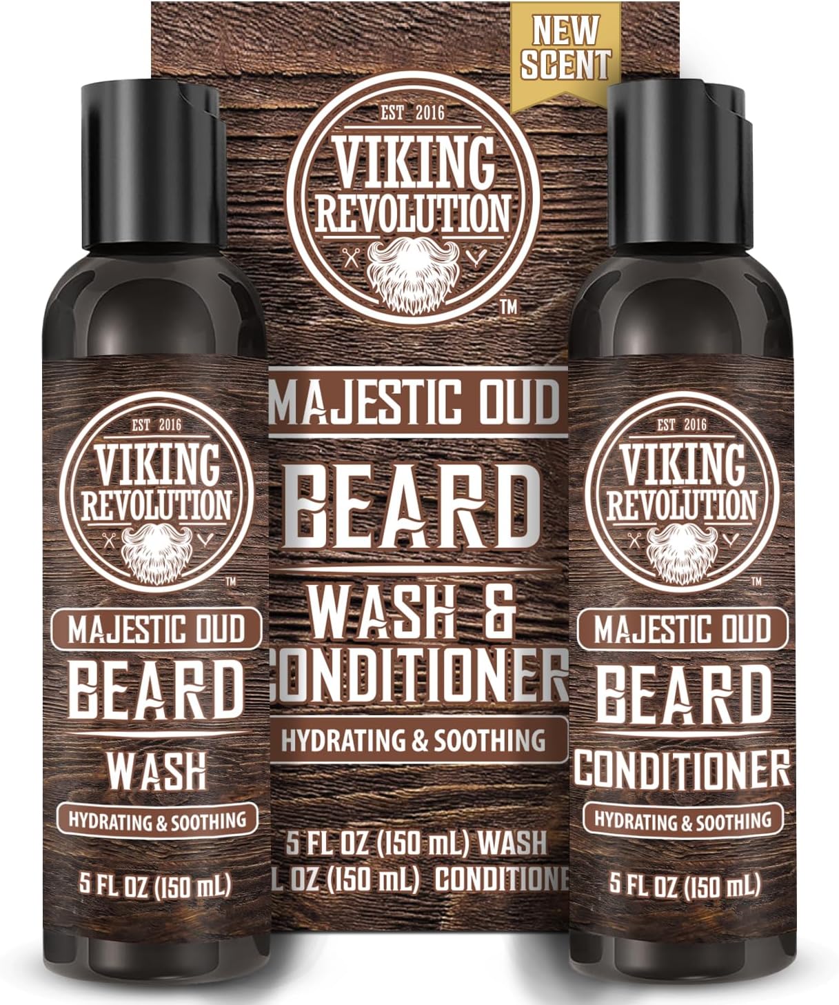 Viking Revolution - Beard Shampoo And Conditioner - Natural Beard Wash & Beard Conditioner With Argan & Jojoba Oils - Softens & Strengthens - Gifts For Men - Majestic Oud - 2 x 150 ml-0