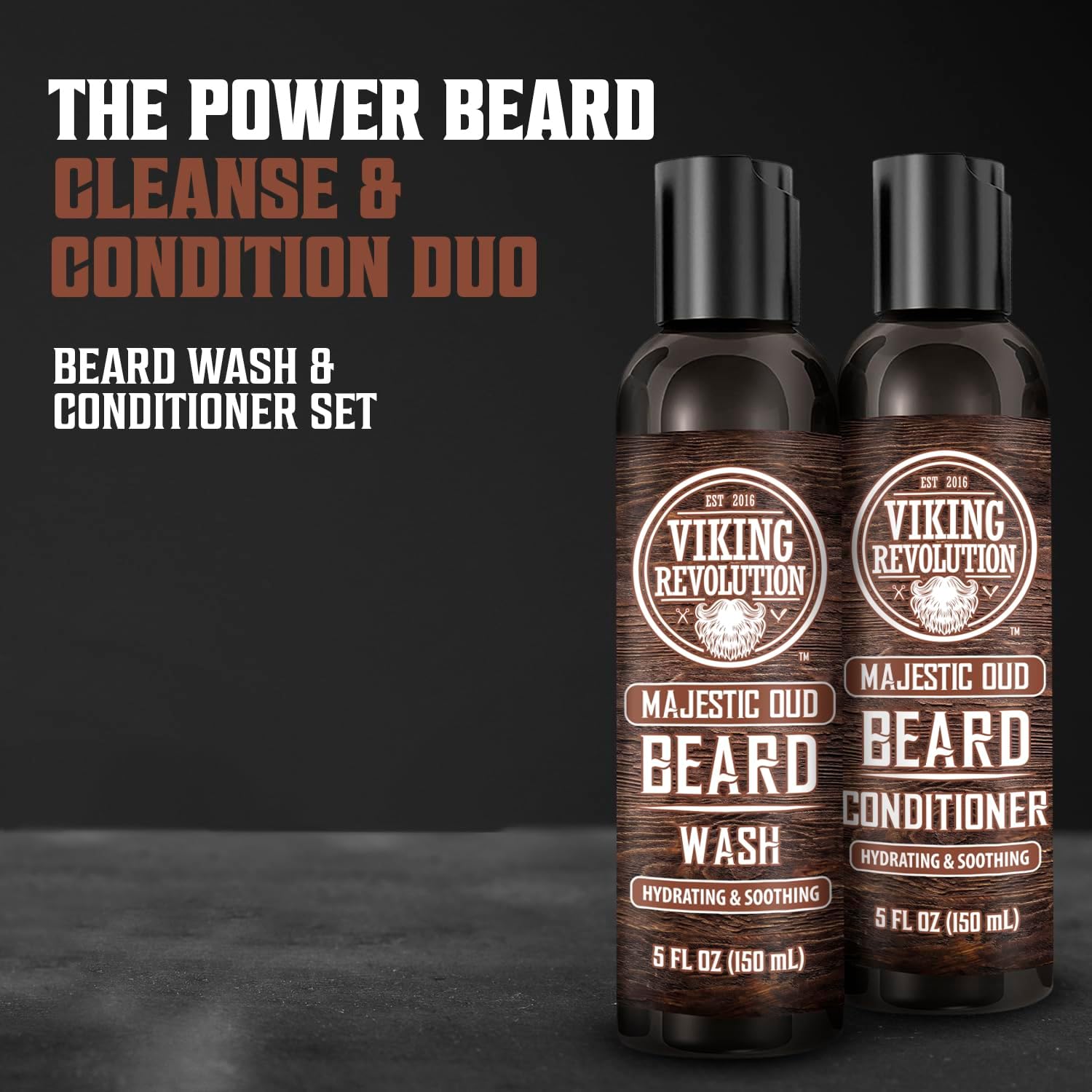 Viking Revolution - Beard Shampoo And Conditioner - Natural Beard Wash & Beard Conditioner With Argan & Jojoba Oils - Softens & Strengthens - Gifts For Men - Majestic Oud - 2 x 150 ml-1