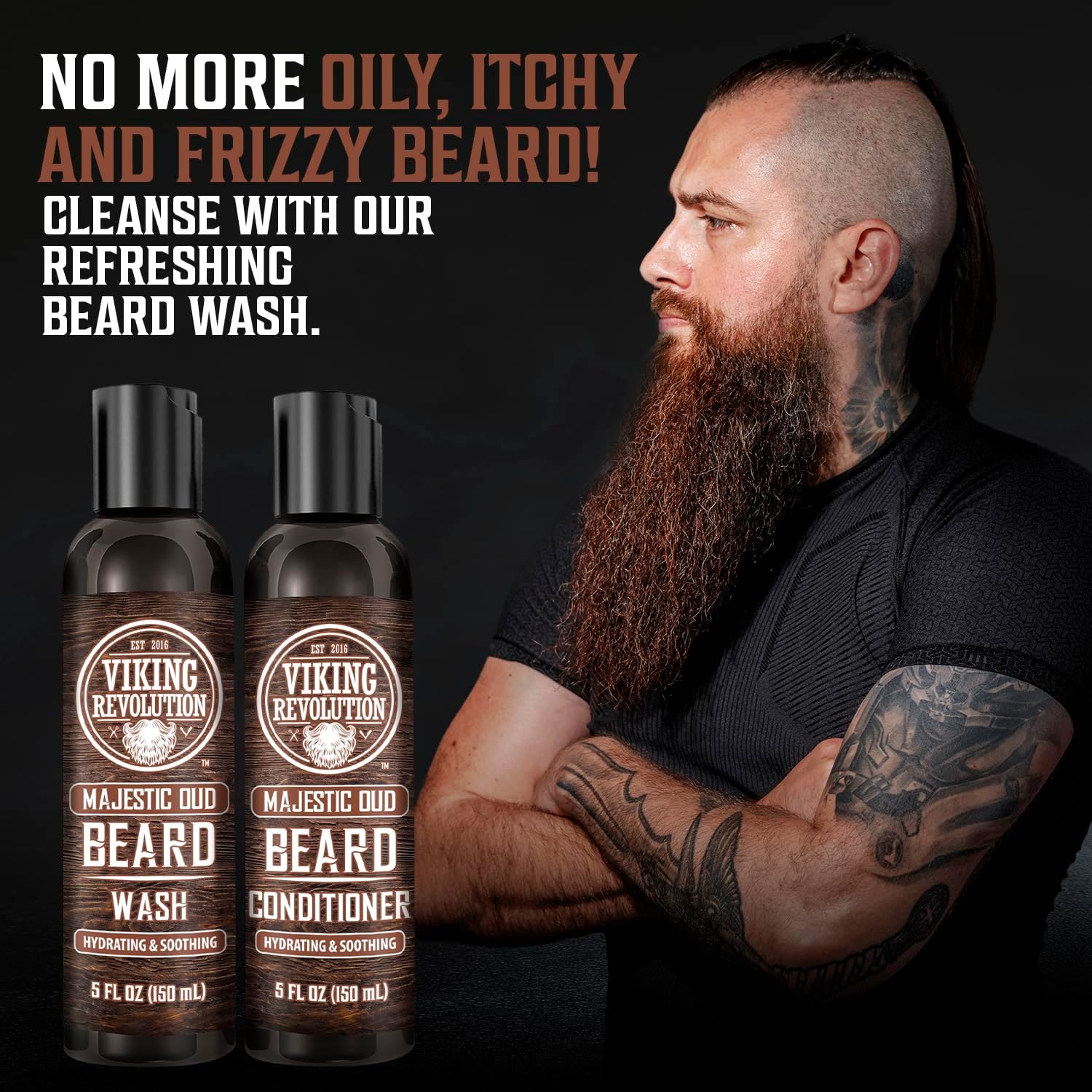 Viking Revolution - Beard Shampoo And Conditioner - Natural Beard Wash & Beard Conditioner With Argan & Jojoba Oils - Softens & Strengthens - Gifts For Men - Majestic Oud - 2 x 150 ml-2