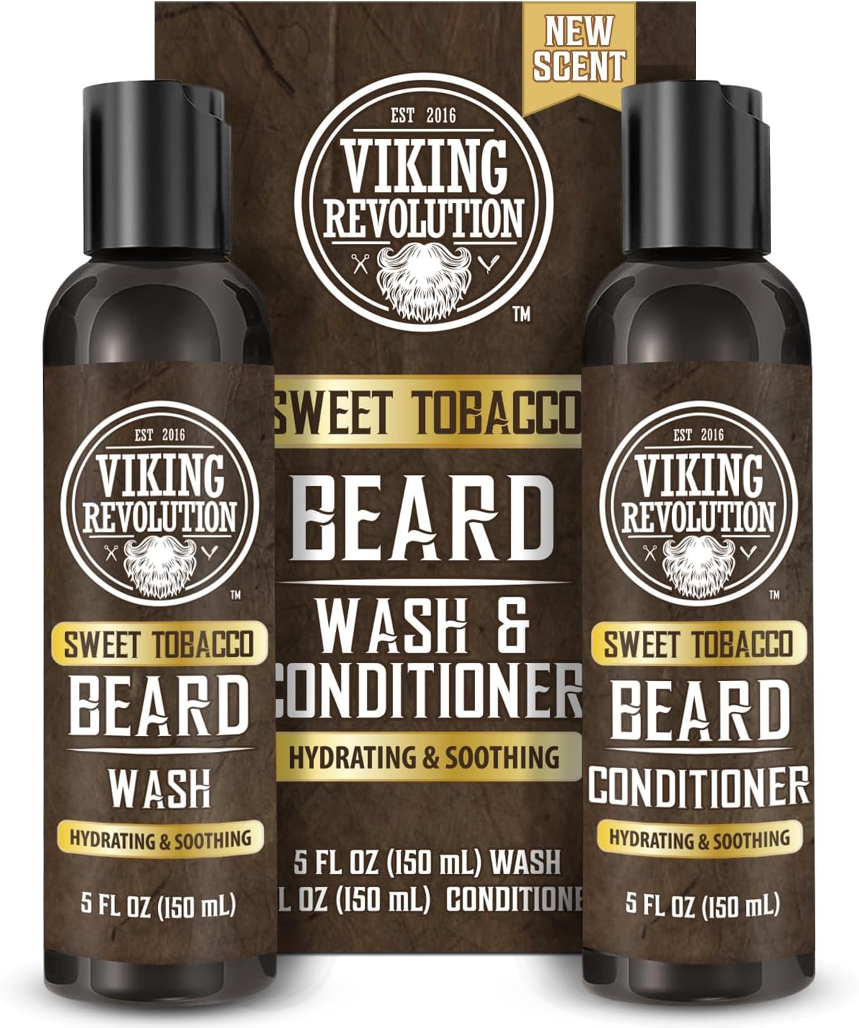 Viking Revolution - Beard Shampoo And Conditioner - Natural Beard Wash & Beard Conditioner With Argan & Jojoba Oils - Softens & Strengthens - Gifts For Men - Sweet Tobacco - 2 x 150 ml-0