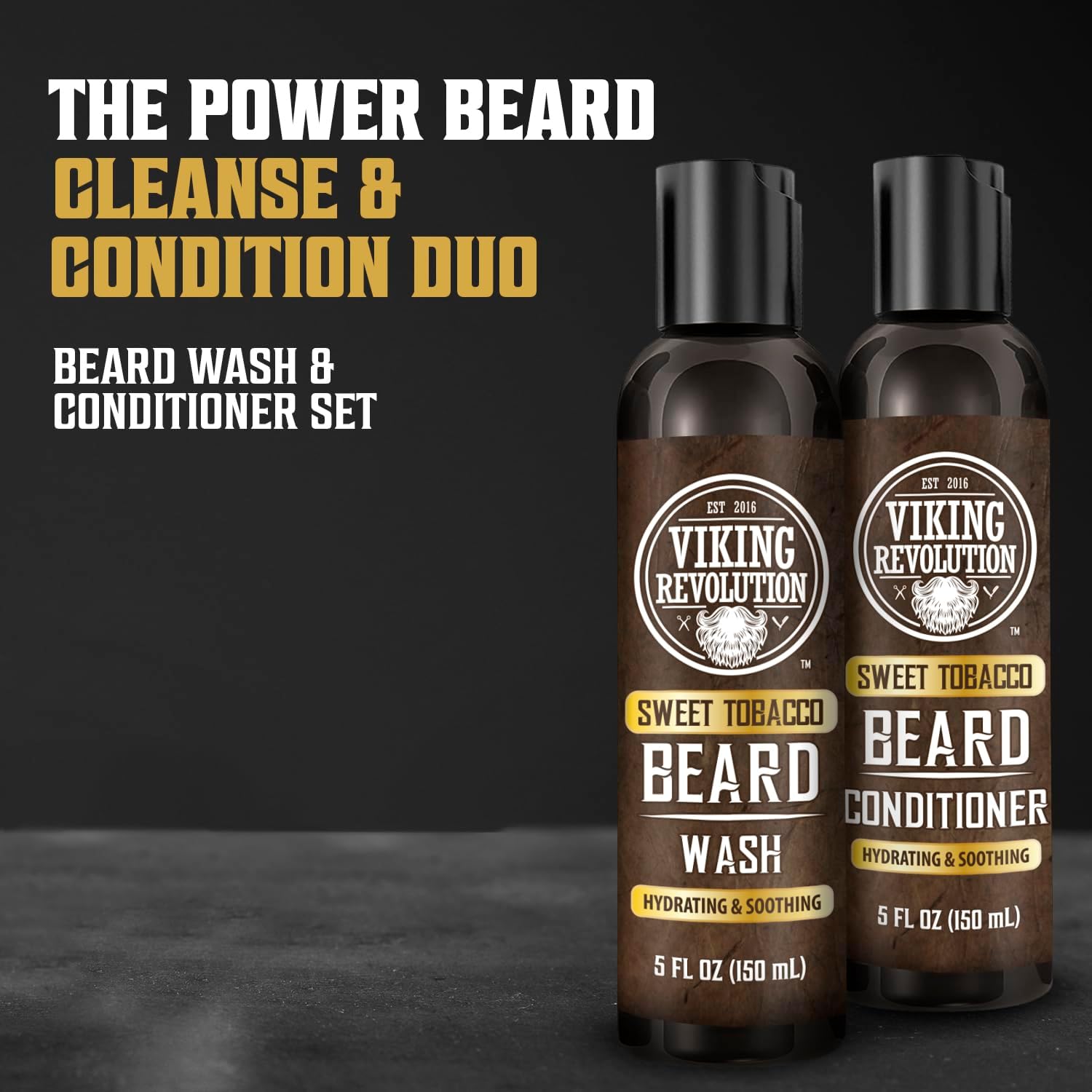 Viking Revolution - Beard Shampoo And Conditioner - Natural Beard Wash & Beard Conditioner With Argan & Jojoba Oils - Softens & Strengthens - Gifts For Men - Sweet Tobacco - 2 x 150 ml-1