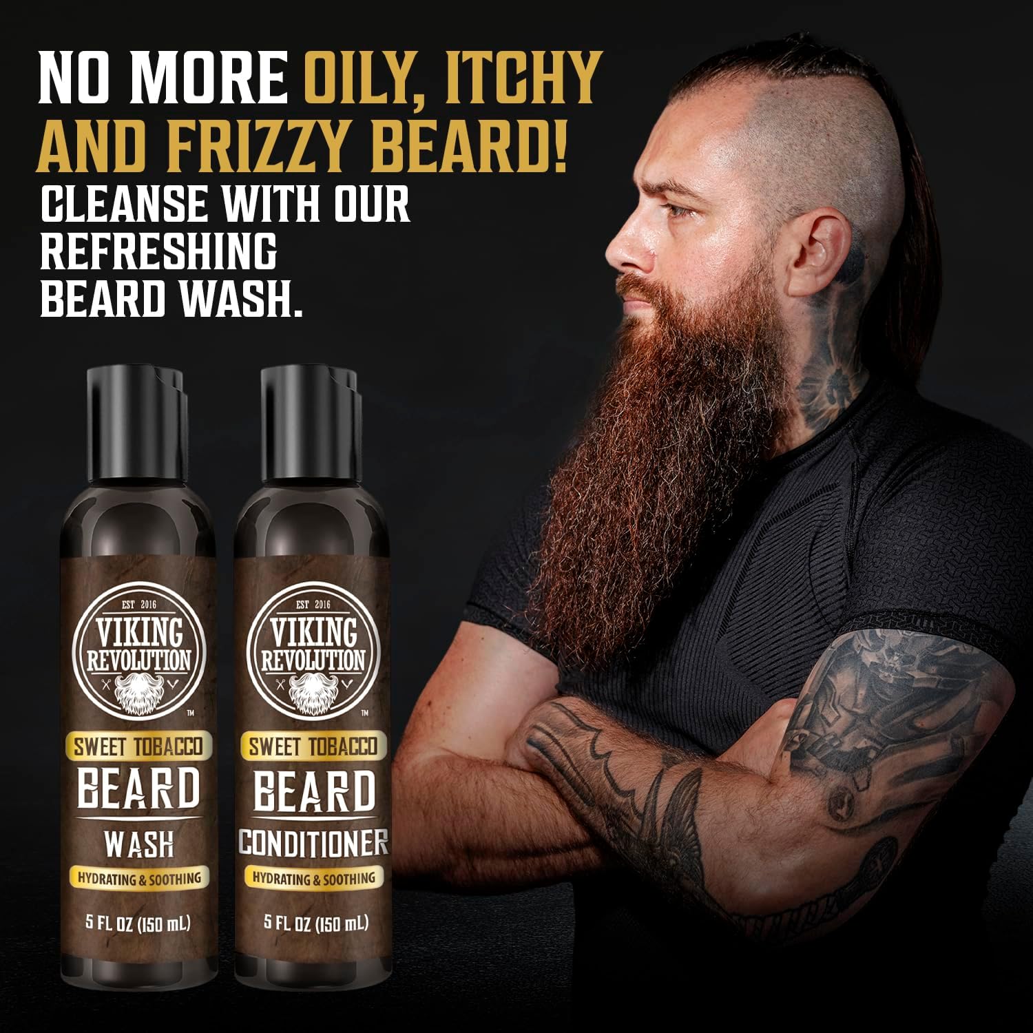 Viking Revolution - Beard Shampoo And Conditioner - Natural Beard Wash & Beard Conditioner With Argan & Jojoba Oils - Softens & Strengthens - Gifts For Men - Sweet Tobacco - 2 x 150 ml-2