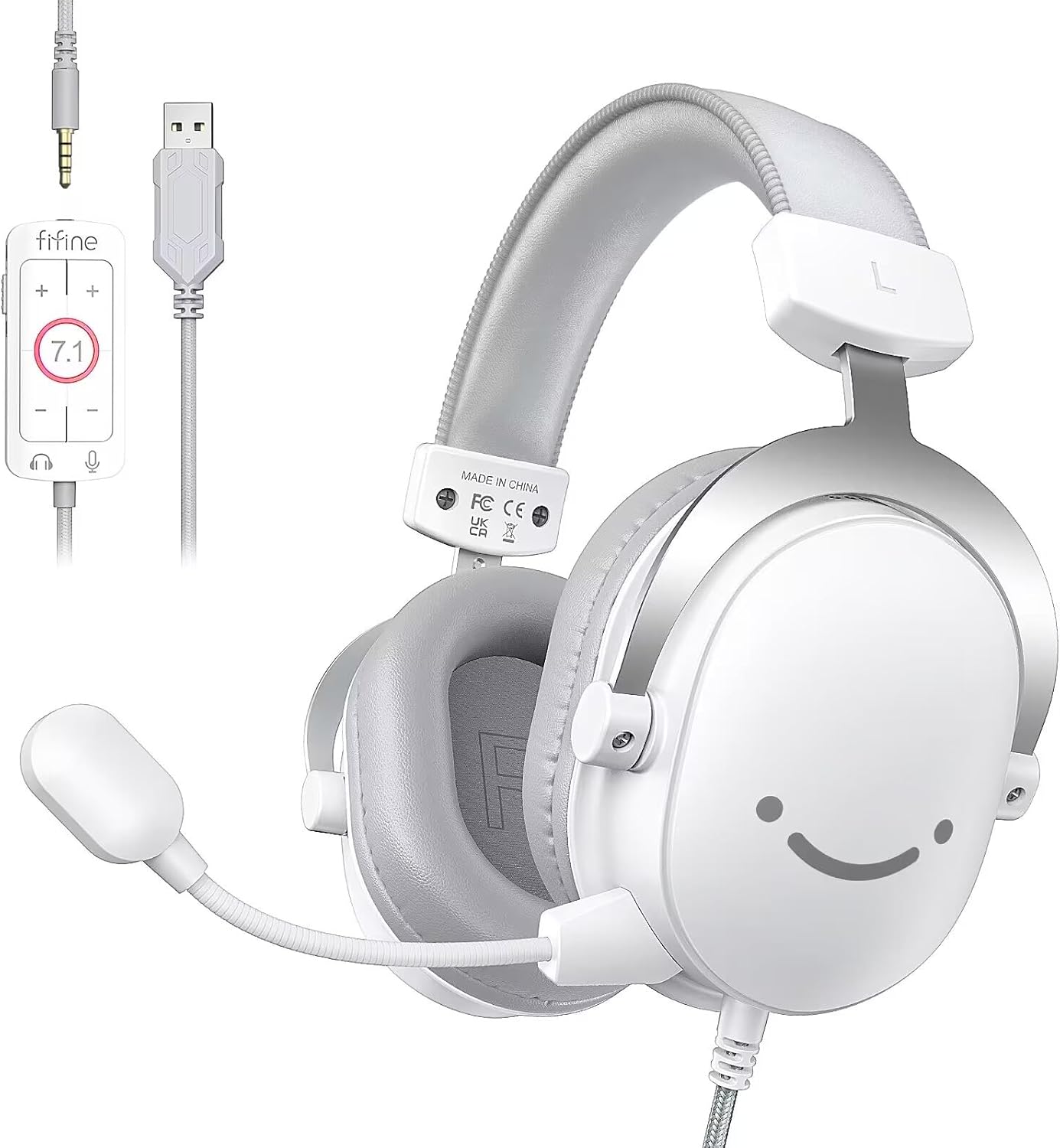 FIFINE 3.5mm/USB Gaming Headset for XBOX,PC,PS4/PS5,7.1 Surround Sound Wired Headphones with Soft Earmuffs,Volume Control,Detachable Microphone for Streaming,Video Creation-AmpliGame H9 White-0