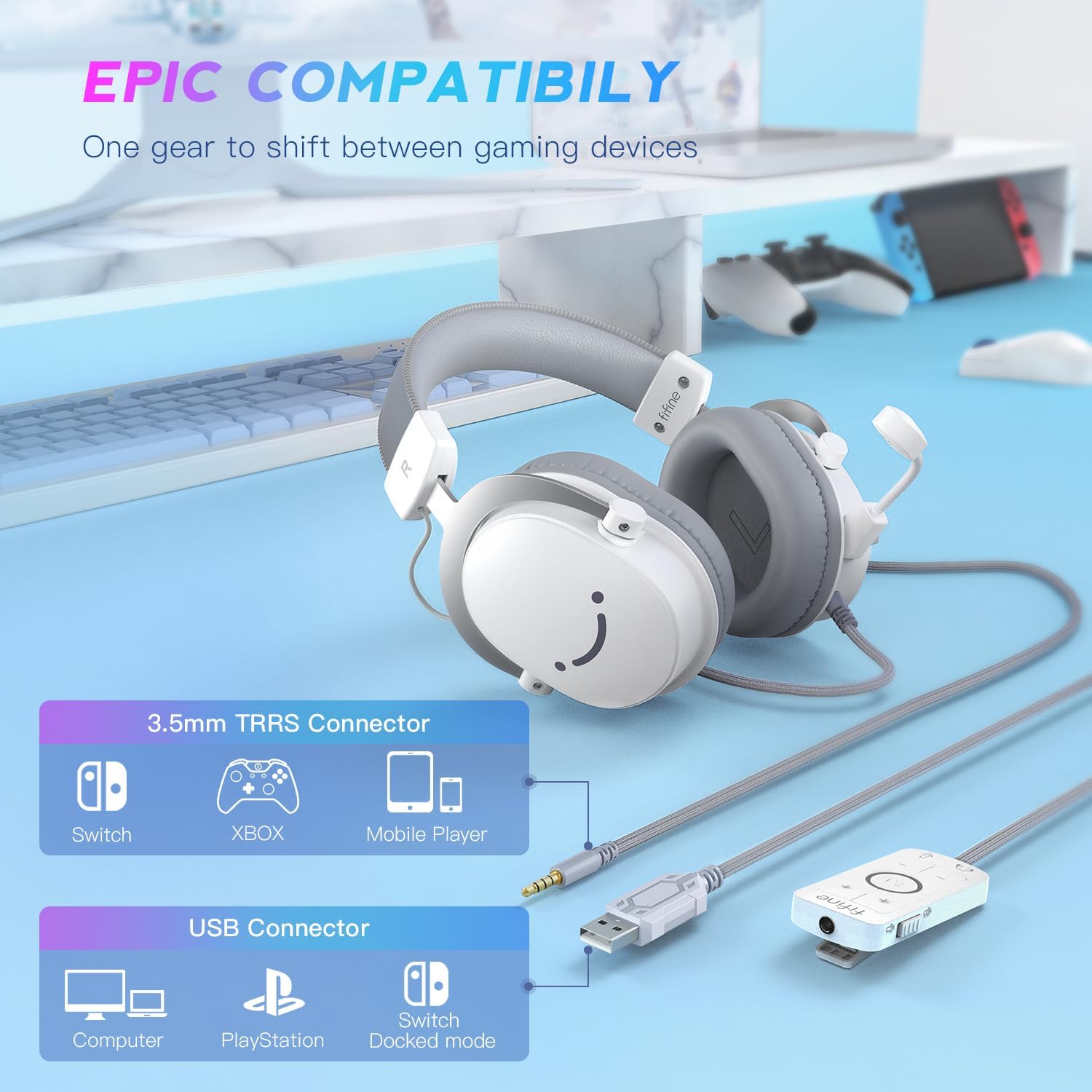 FIFINE 3.5mm/USB Gaming Headset for XBOX,PC,PS4/PS5,7.1 Surround Sound Wired Headphones with Soft Earmuffs,Volume Control,Detachable Microphone for Streaming,Video Creation-AmpliGame H9 White-1