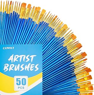 CUWELT 50 Pieces Art Paint Brush Set, Artist Nylon Hair Brushes Set with 10 Different Sizes, Painting Brushes for Watercolor Acrylic Oil Painting Artist Craft