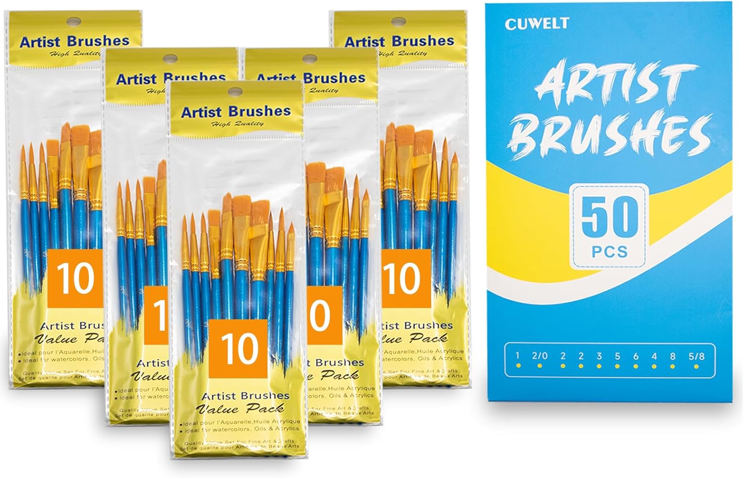 CUWELT 50 Pieces Art Paint Brush Set, Artist Nylon Hair Brushes Set with 10 Different Sizes, Painting Brushes for Watercolor Acrylic Oil Painting Artist Craft-1