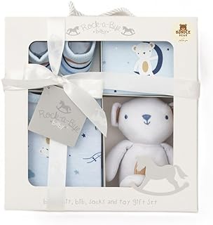 Bundle Bear Baby Boy Newborn Baby Essentials 4 Piece Luxury Boxed Baby Gift Set - Baby Shower Gifts for Mum, Featuring Bodysuit, Bib, Socks and Soft Toy, (Blue, 0-3 Months)