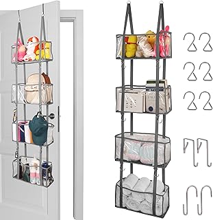 BELLE VOUS Over Door Storage Organiser with 4 Clear Window Pockets - Hanging Shelves for Nursery, Bedroom, Closet, Pantry or Bathroom - Store Toys, Cosmetics, Sundries, Diapers & More