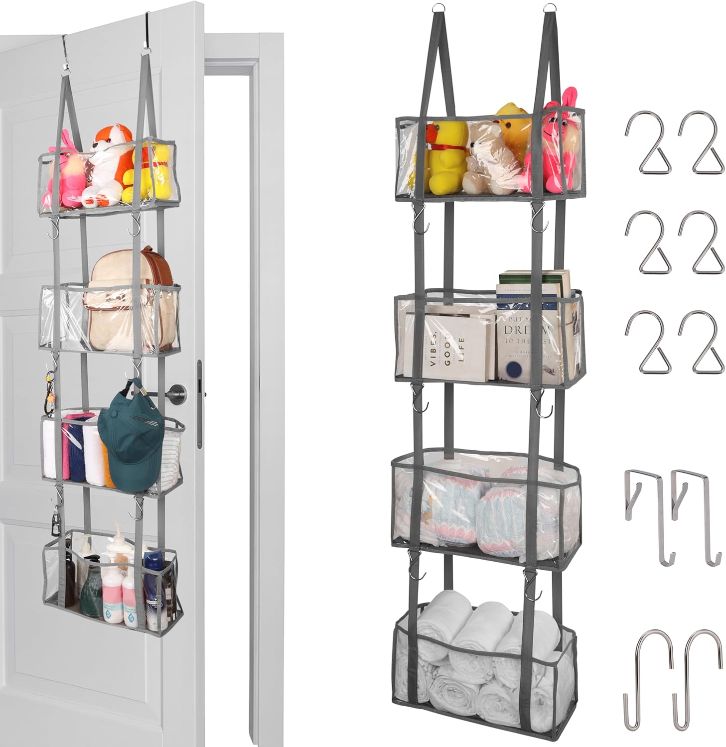 BELLE VOUS Over Door Storage Organiser with 4 Clear Window Pockets - Hanging Shelves for Nursery, Bedroom, Closet, Pantry or Bathroom - Store Toys, Cosmetics, Sundries, Diapers & More-0