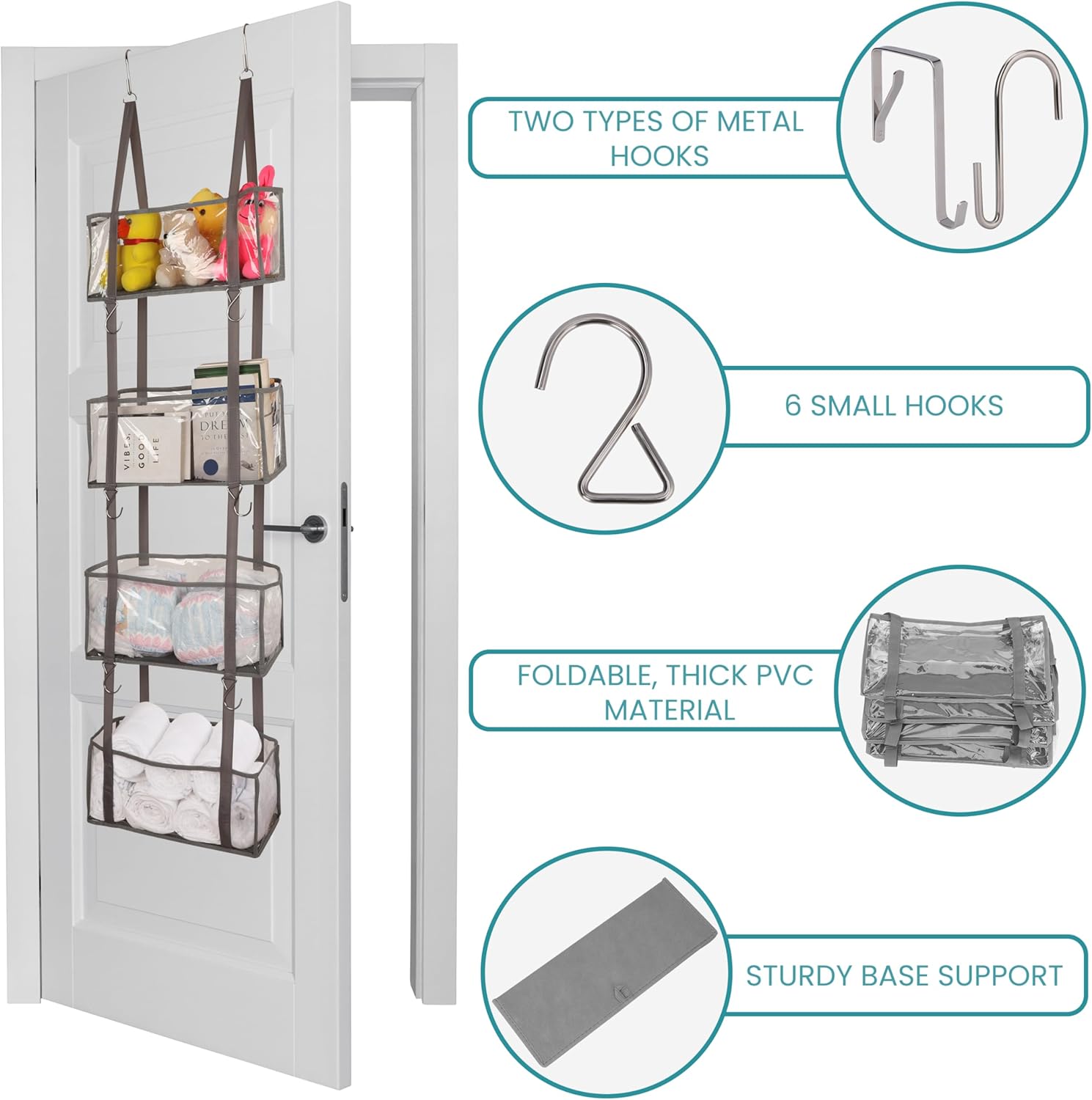 BELLE VOUS Over Door Storage Organiser with 4 Clear Window Pockets - Hanging Shelves for Nursery, Bedroom, Closet, Pantry or Bathroom - Store Toys, Cosmetics, Sundries, Diapers & More-2