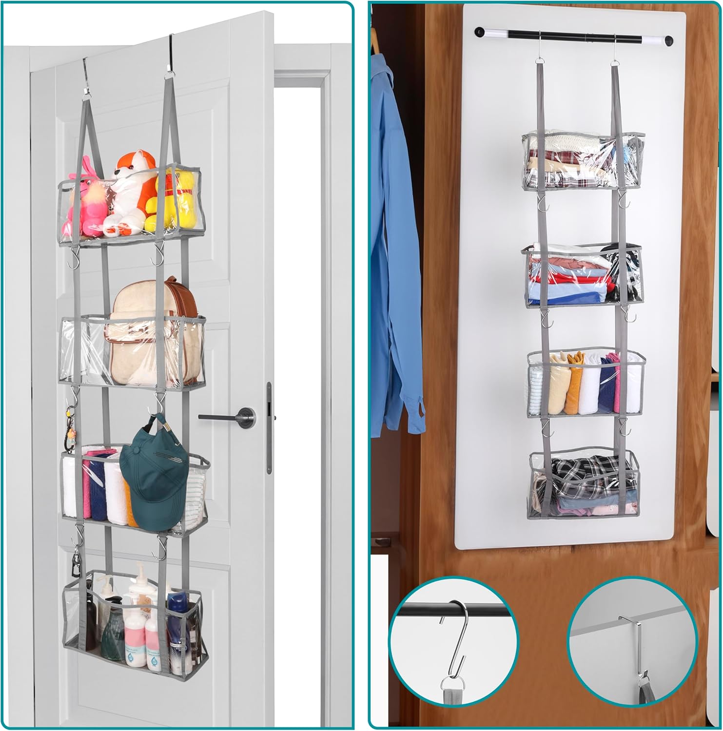 BELLE VOUS Over Door Storage Organiser with 4 Clear Window Pockets - Hanging Shelves for Nursery, Bedroom, Closet, Pantry or Bathroom - Store Toys, Cosmetics, Sundries, Diapers & More-3