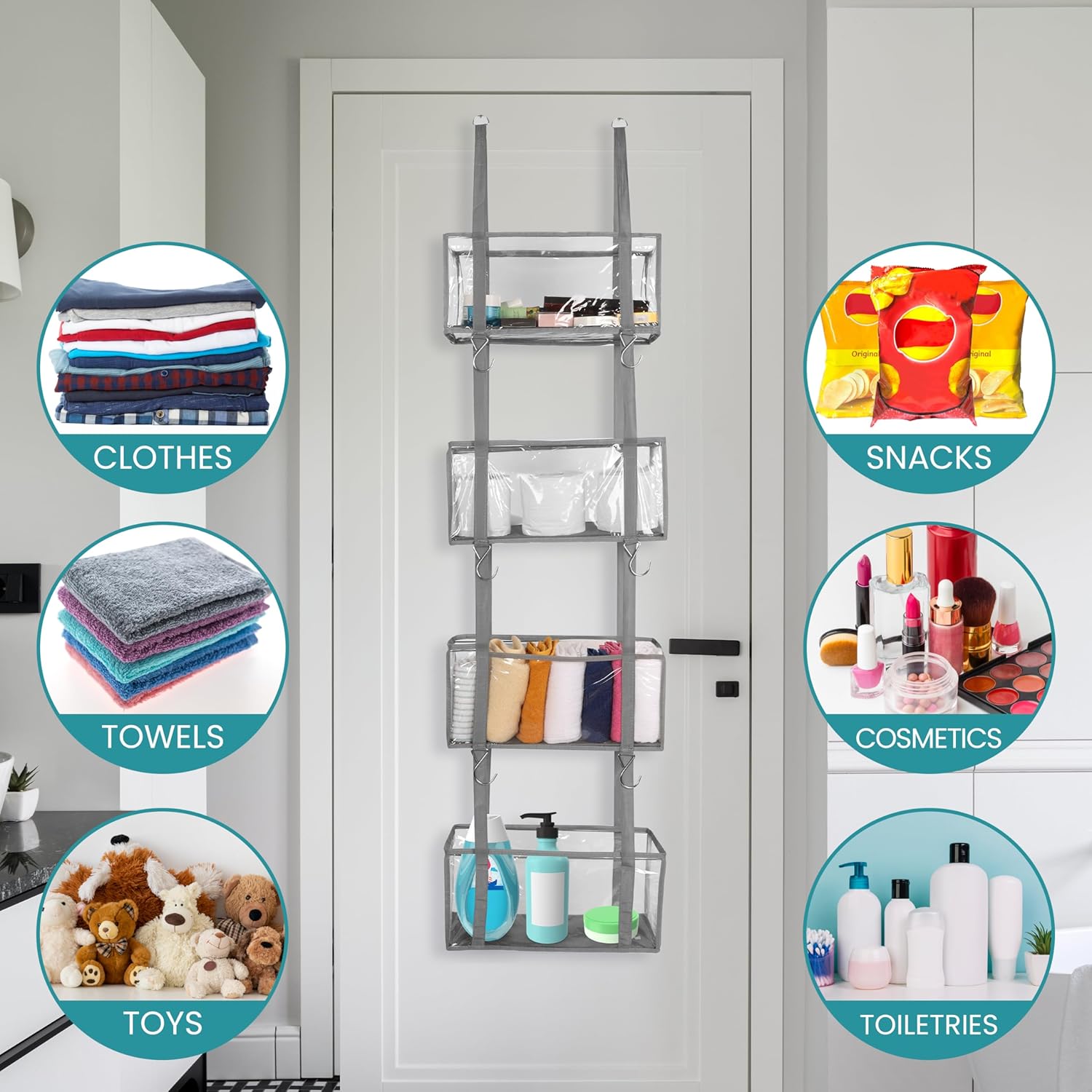 BELLE VOUS Over Door Storage Organiser with 4 Clear Window Pockets - Hanging Shelves for Nursery, Bedroom, Closet, Pantry or Bathroom - Store Toys, Cosmetics, Sundries, Diapers & More-4