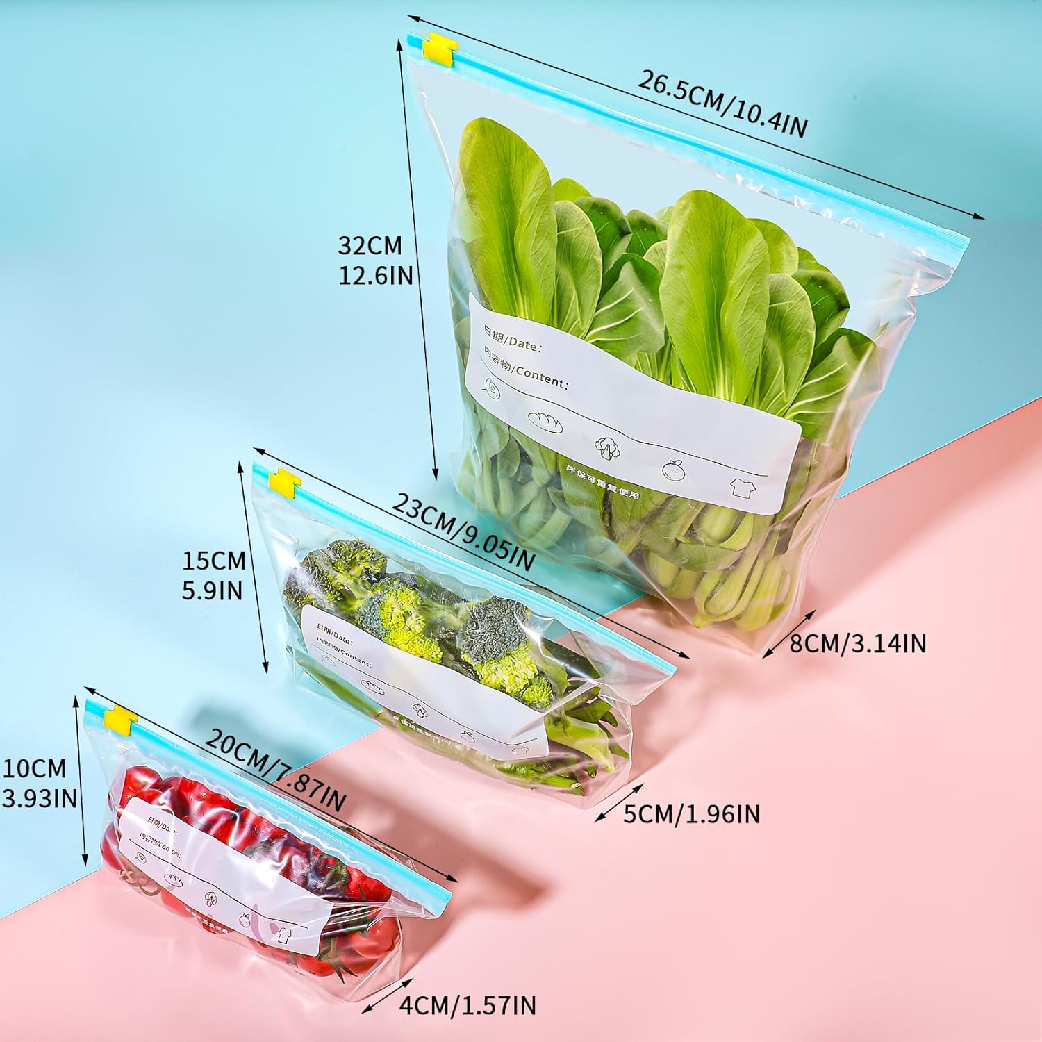 60 Pcs Food Storage Freezer Bags, Zip Lock Bags Resealable Food Bags with Expandable Bottom, Reusable Sandwich Bags BPA Free Zip Seal Freezer Bags for Vegetable, Fruit, Grain, Candy(3 Sizes)-1