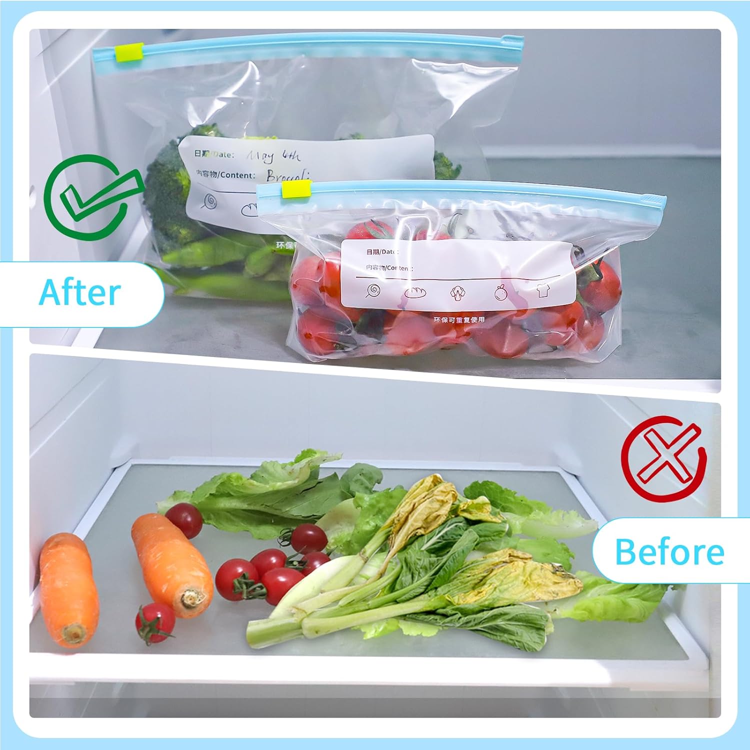 60 Pcs Food Storage Freezer Bags, Zip Lock Bags Resealable Food Bags with Expandable Bottom, Reusable Sandwich Bags BPA Free Zip Seal Freezer Bags for Vegetable, Fruit, Grain, Candy(3 Sizes)-5