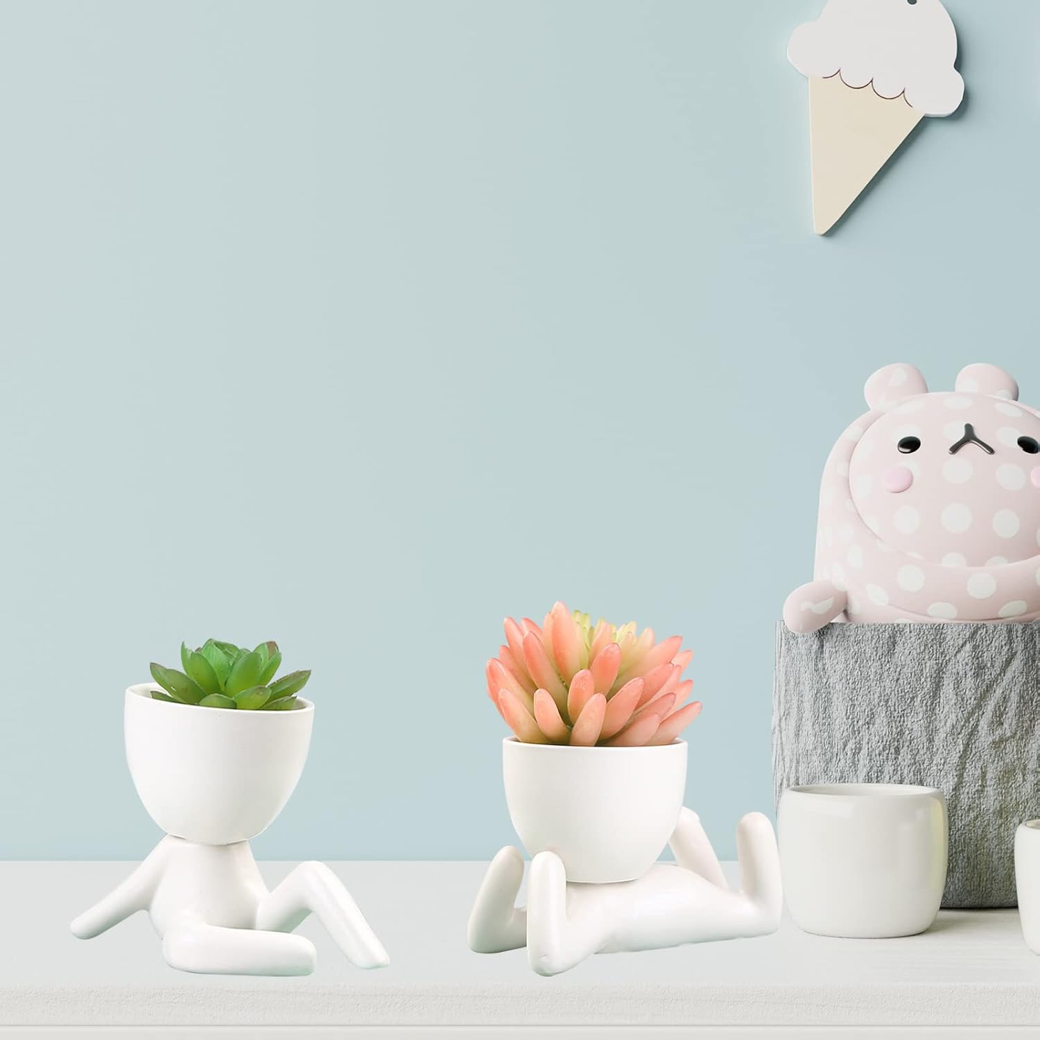 TITA-DONG Creative Human Shaped Small Flower Pots, Ceramic Succulent Plant Pots, Small Pots Flower Pots Plant Pots, Cute White Ceramic Pots, Small Succulent Planters for Home Office Decor(#2)-6