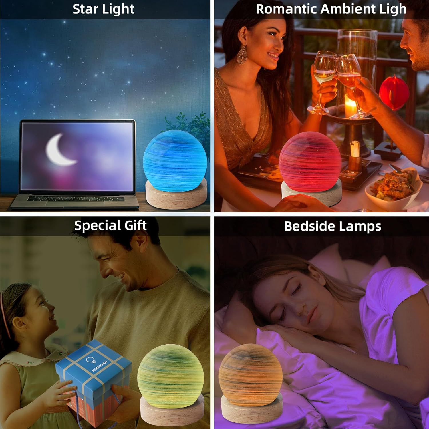 Suewidfay Planet Night Light, Handmade Blown Glass Art Planet LED Table Lamp Gift, Bedside Led Lamp Small Room Decor Lamps,Table Desk Bedside Bedroom Led Lights (Aurora Borealis)-5