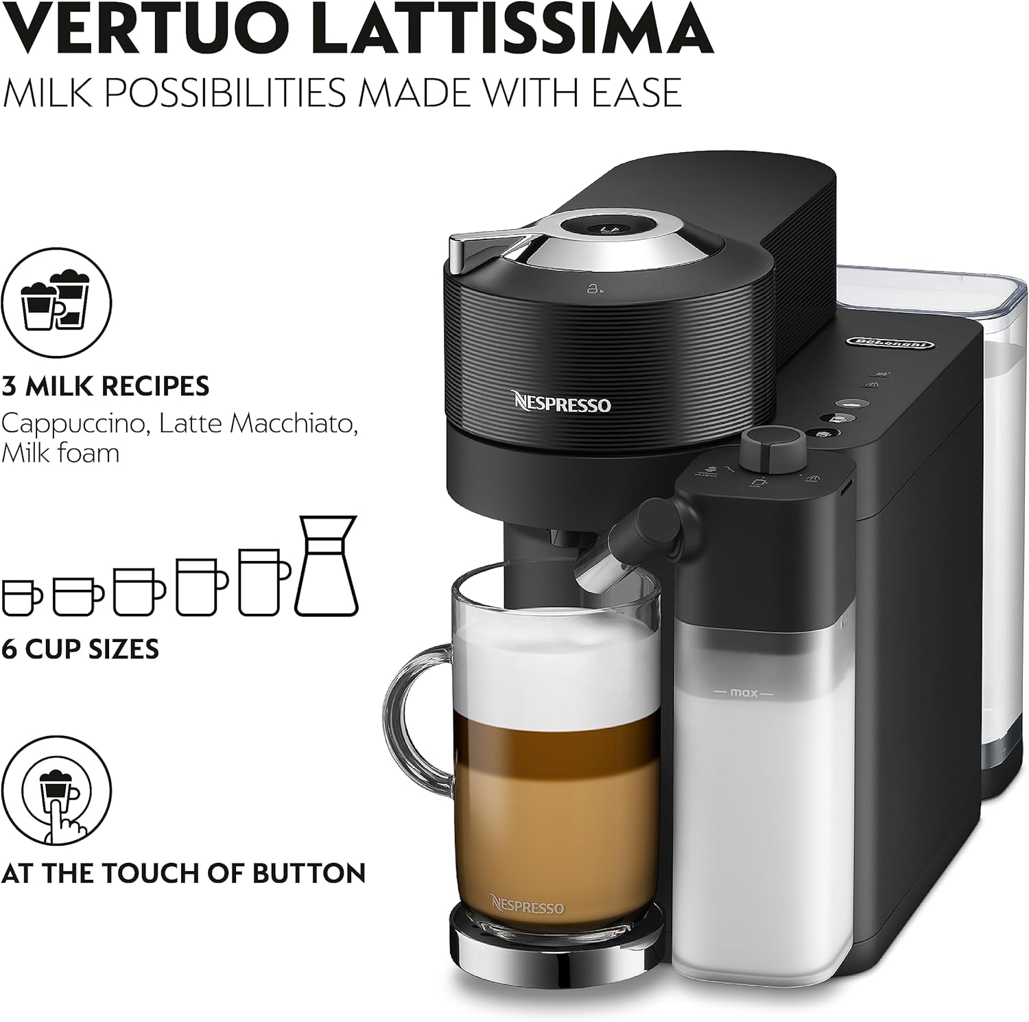 De'Longhi Nespresso Vertuo Lattissima ENV300.B, Automatic Coffee Machine with Automatic Milk Frother, Single-Serve Capsule Coffee Machine, 5 Cup Sizes, 1500W, Matt Black & Glossy-1