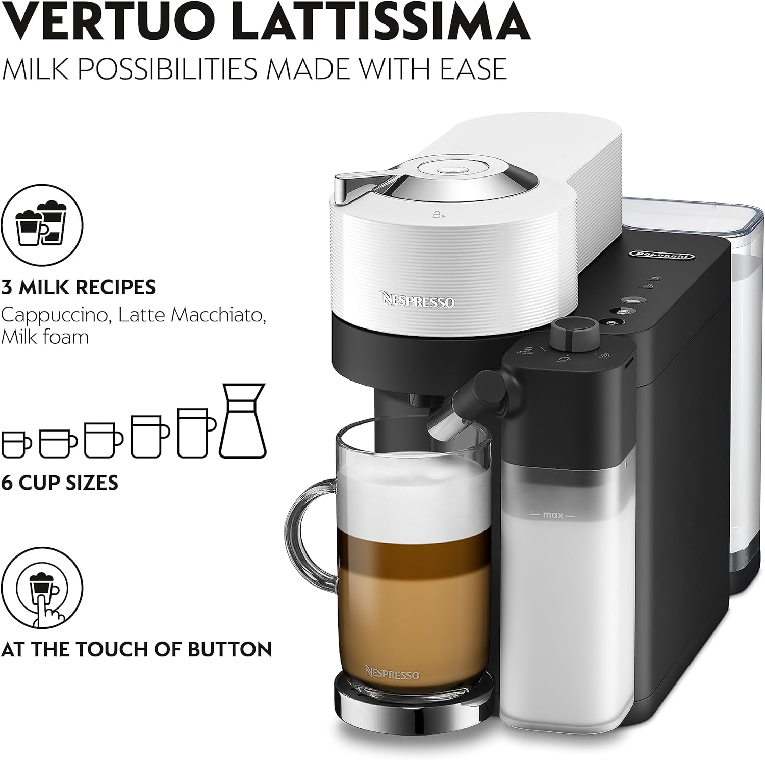 De'Longhi Nespresso Vertuo Lattissima ENV300.W, Automatic Coffee Machine with Automatic Milk Frother, Single-Serve Capsule Coffee Machine, 5 Cup Sizes, 1500W, Matt White & Glossy-1