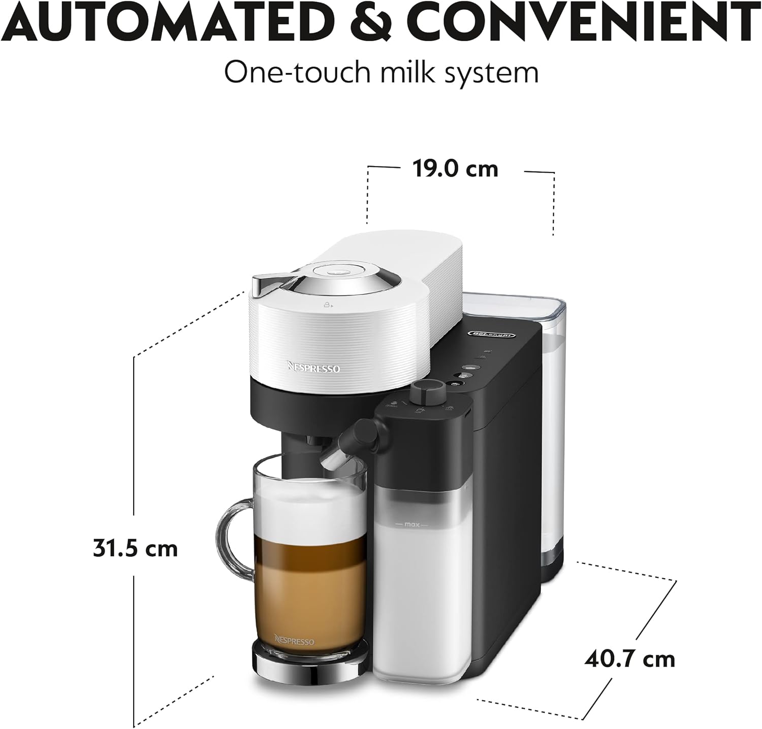 De'Longhi Nespresso Vertuo Lattissima ENV300.W, Automatic Coffee Machine with Automatic Milk Frother, Single-Serve Capsule Coffee Machine, 5 Cup Sizes, 1500W, Matt White & Glossy-2