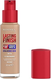 Rimmel Lasting Finish 35Hr Foundation 100 Ivory, Full Coverage, Hydrating, SPF20, Hyaluronic Acid, Vitamin E, 2% Niacinamide, All Day Wear, Vegan, Cruelty Free