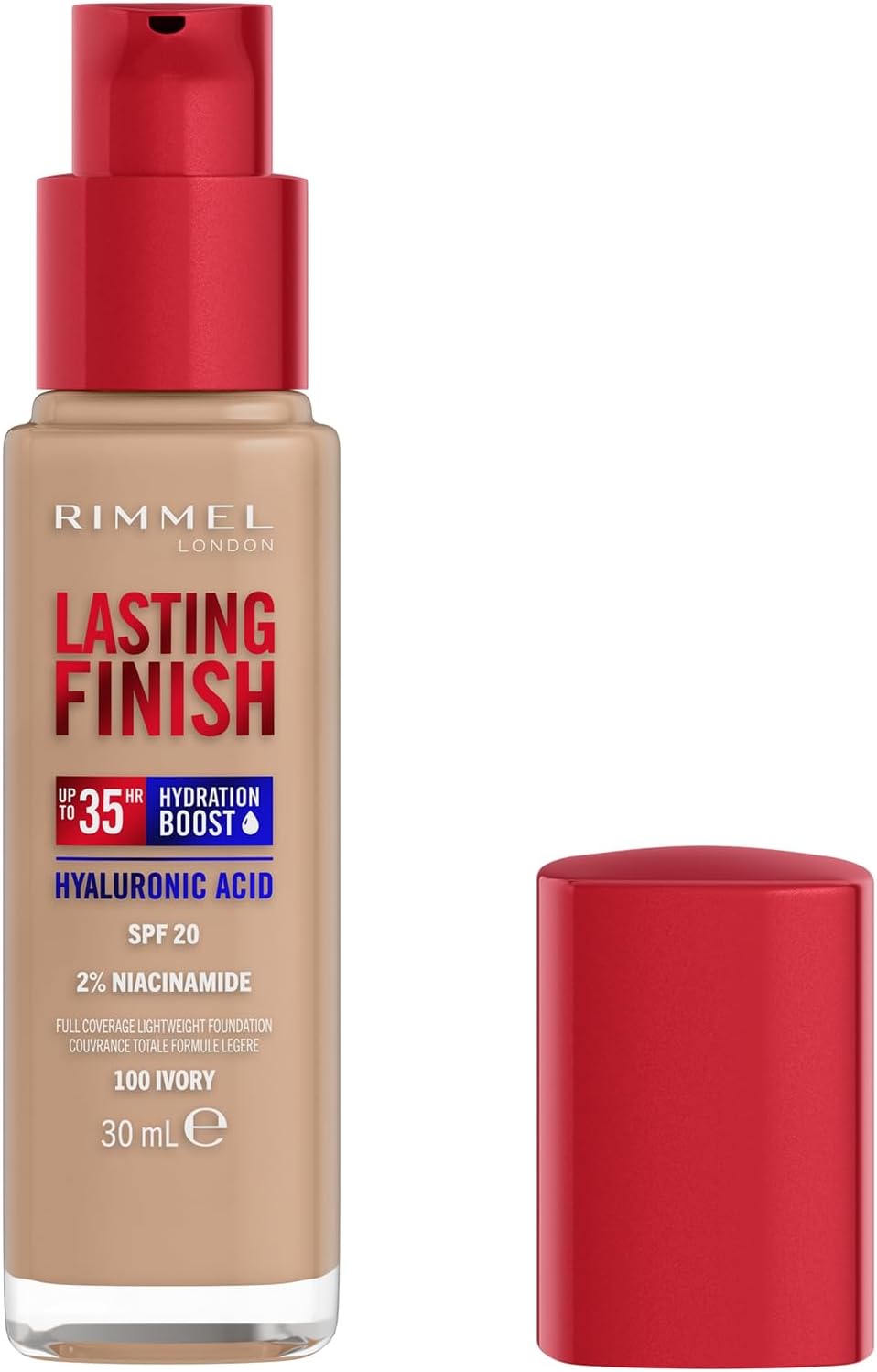 Rimmel Lasting Finish 35Hr Foundation 100 Ivory, Full Coverage, Hydrating, SPF20, Hyaluronic Acid, Vitamin E, 2% Niacinamide, All Day Wear, Vegan, Cruelty Free-0