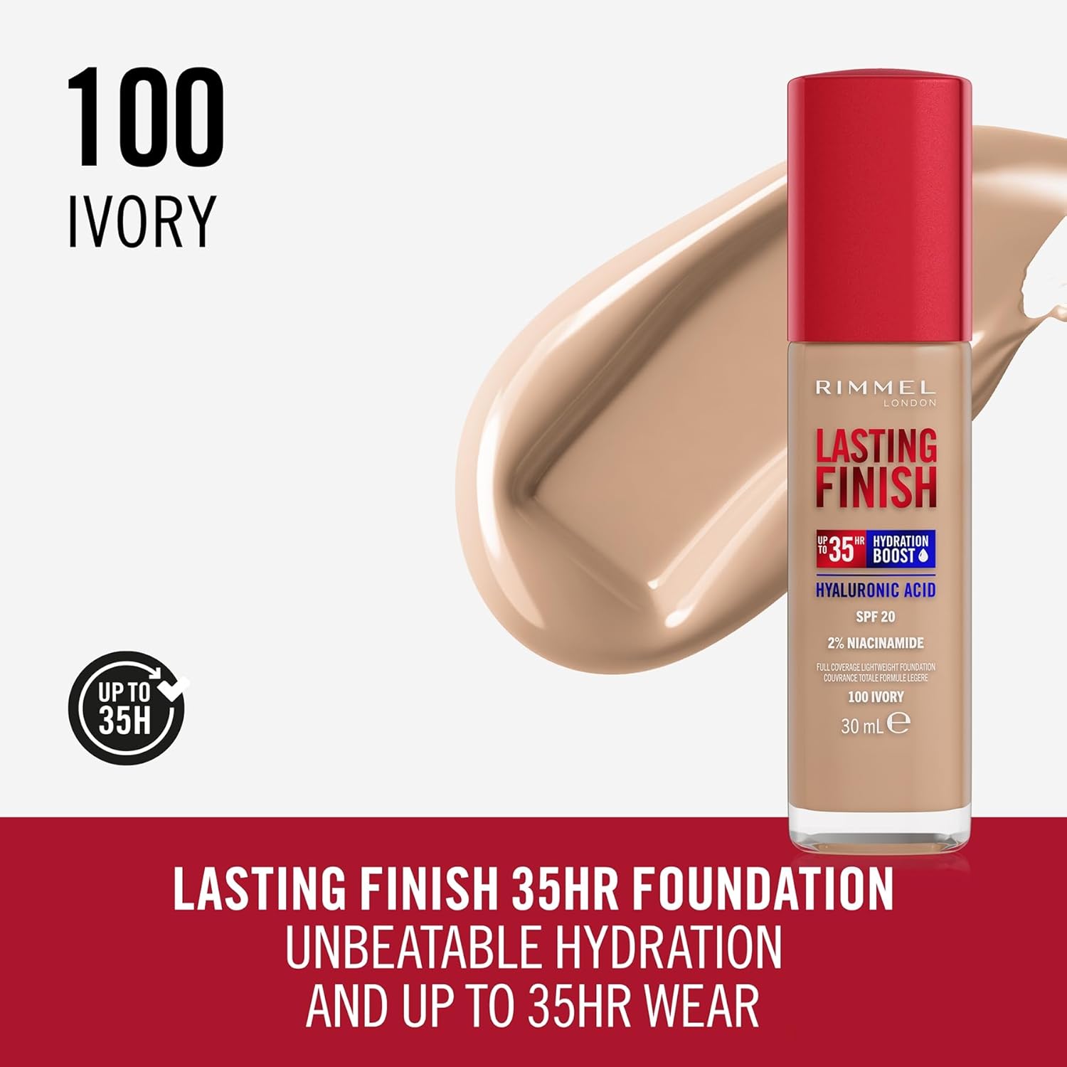 Rimmel Lasting Finish 35Hr Foundation 100 Ivory, Full Coverage, Hydrating, SPF20, Hyaluronic Acid, Vitamin E, 2% Niacinamide, All Day Wear, Vegan, Cruelty Free-1