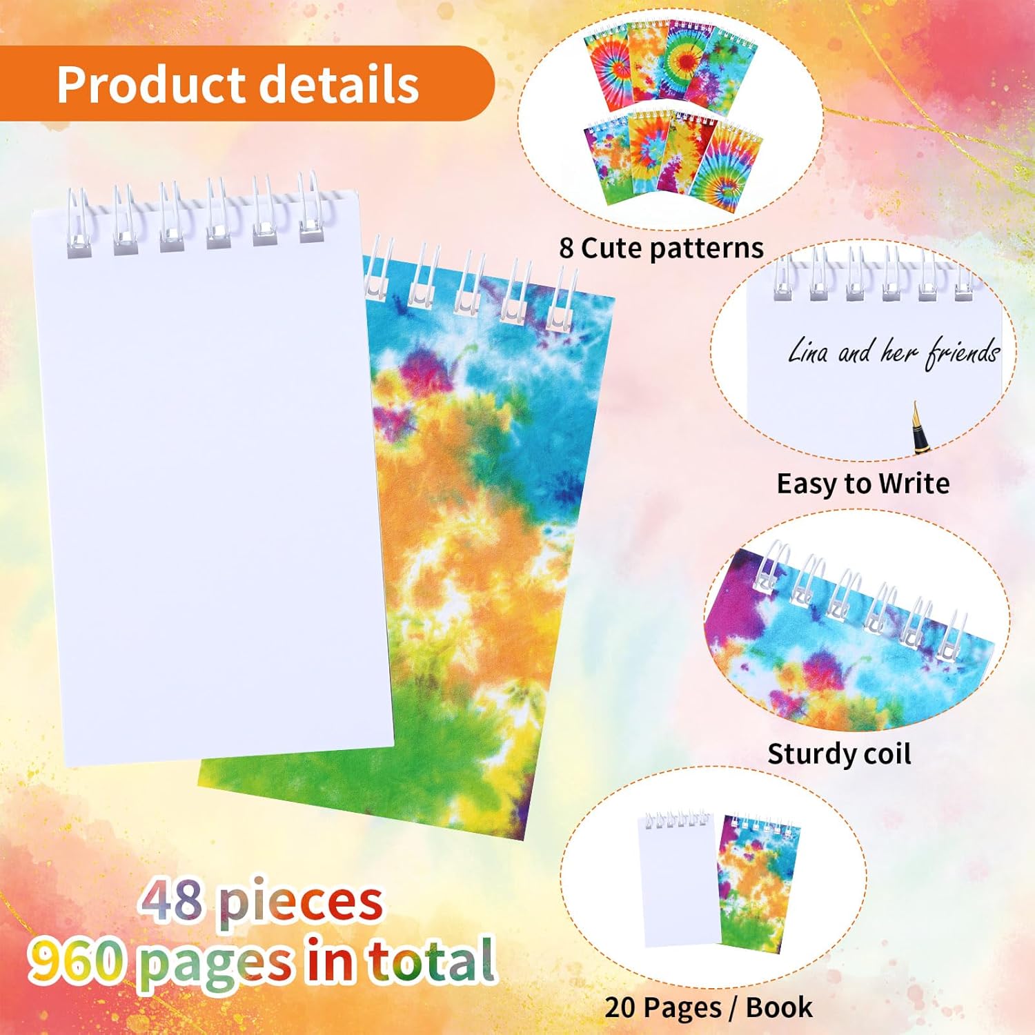 Zonon 48 Pieces Mini Tie Dye Notepads Tie Dye Party Favors Art Party Spiral Pocket Notebooks Fun Coil Mini Notepads for Kids Tie Dye Birthday Party Goodie Bag Fillers Classroom Rewards, 8 Style-2