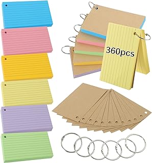 Flash Cards, 360 PCS Ruled Index Cards Revision Cards with Binder Ring Kraft Paper Notecards Lined Index Cards for Office School Home Study Record 4.9 * 2.9 Inch