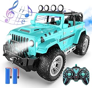 DEERC Remote Control Car with Fog Mist & Music, 1:16 Remote Control Truck for Boys, 2.4Ghz RC Car Toy with 2 Batteries, All Terrain SUV Gifts Crawler with Trailer Hitch