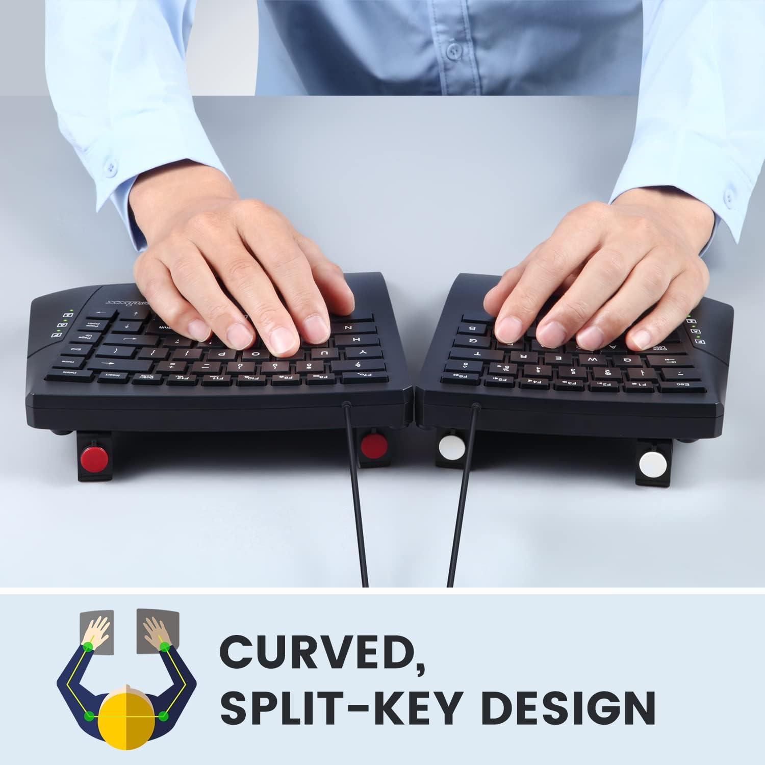 Perixx PERIBOARD-524B UK QWERTY Wired Ergonomic Split Keyboard - Compact TKL Design, Curved Keys, Adjustable Tilt, Low Profile, Multimedia Shortcuts - Black-3