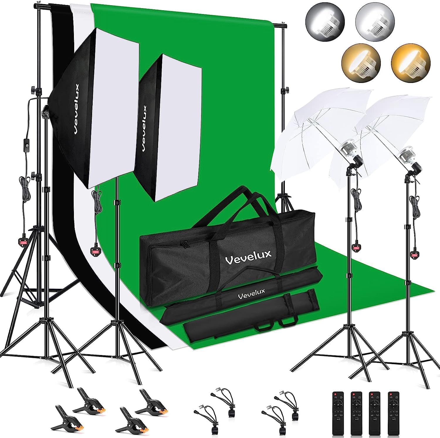 Vevelux Photo Studio Lighting Kit with 2.6X3 M/8.5X10 FT Adjustable Backdrop Stand, 4X45W Dimmable LED Light, 3000-5500K Umbrellas Softbox Kits, 3 Color Backdrop for Portrait,Video Shoot Photography-0