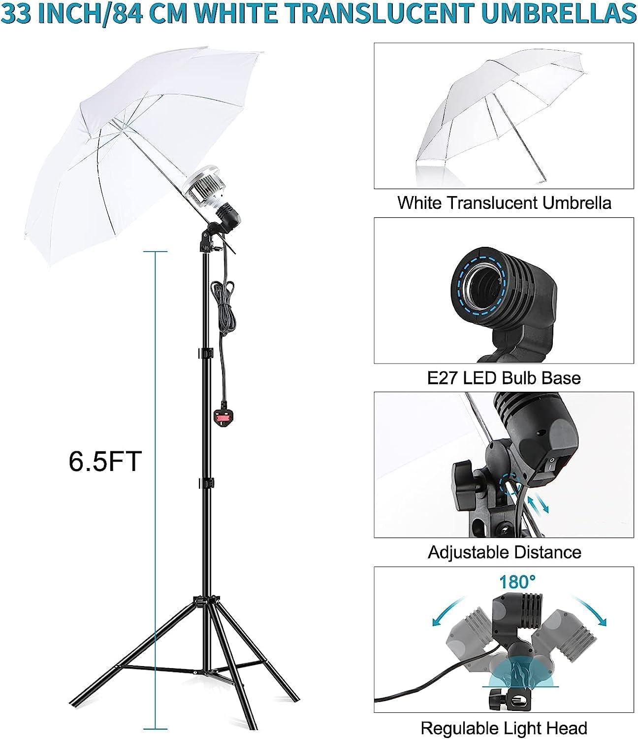 Vevelux Photo Studio Lighting Kit with 2.6X3 M/8.5X10 FT Adjustable Backdrop Stand, 4X45W Dimmable LED Light, 3000-5500K Umbrellas Softbox Kits, 3 Color Backdrop for Portrait,Video Shoot Photography-4