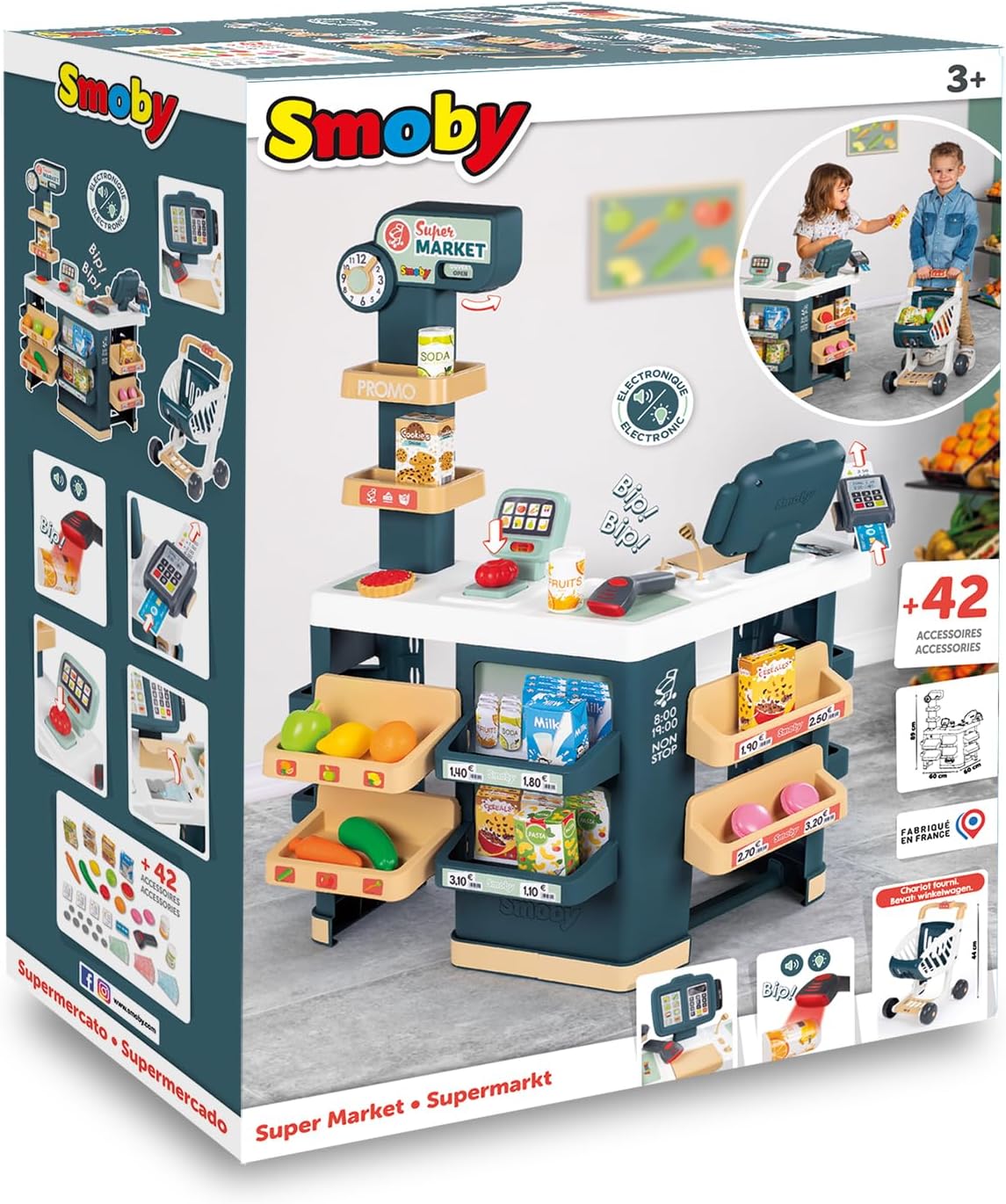 Smoby - Supermarket, Children's Shopping Trolley Included, Mechanical Scale, Electronic Functions and 42 Accessories for a full shopping experience, Suitable for kids aged 3 years and over-4