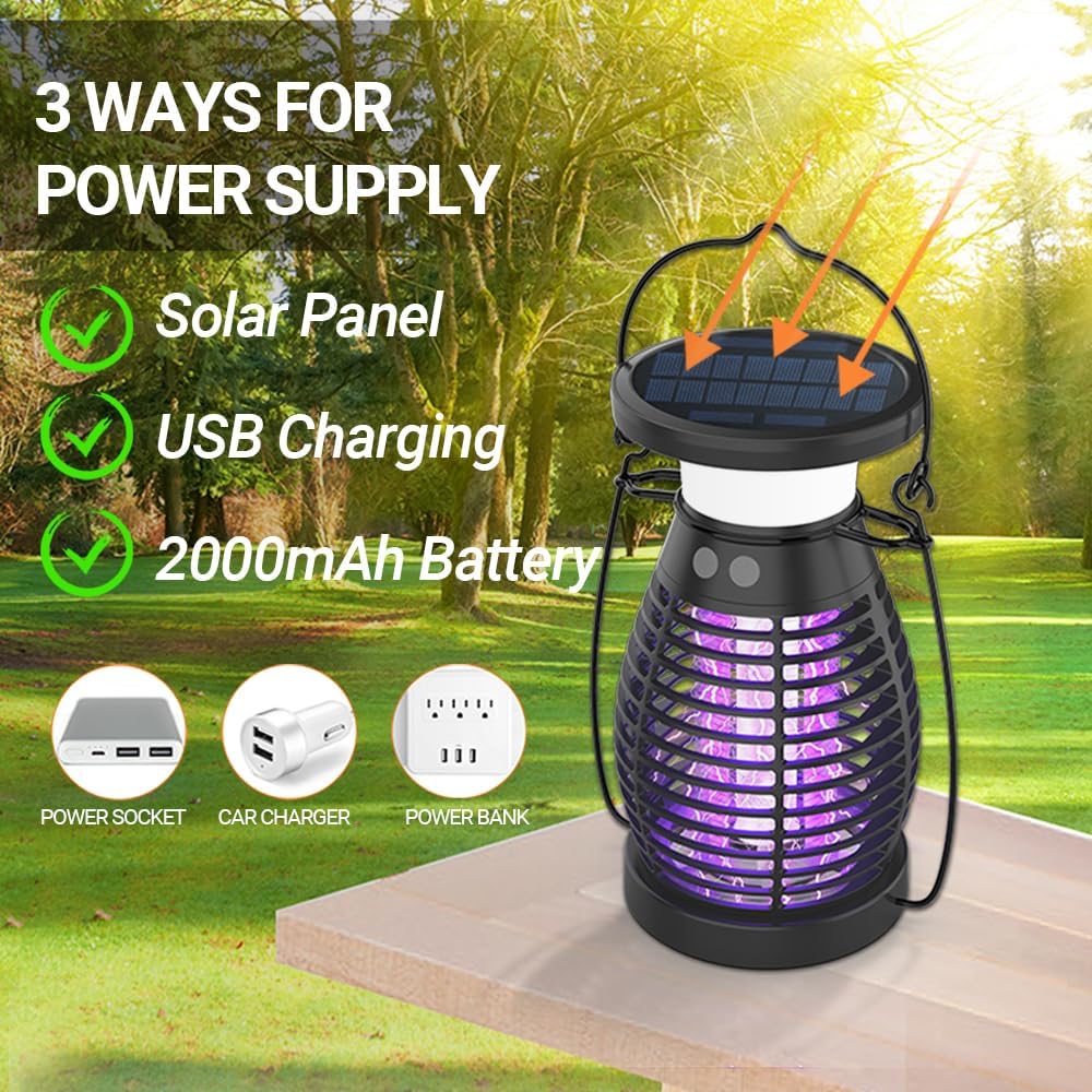 Solar Bug Zapper for Indoor & Outdoor, Rechargeable Waterproof Mosquito Trap Zapper Device, High Power UV Light attracts Flies Gnats Moths, Insect Killer Lamp for Garden Patio Backyard Camping-1