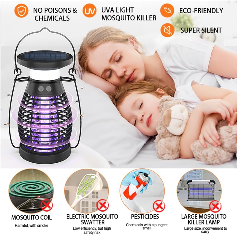 Solar Bug Zapper for Indoor & Outdoor, Rechargeable Waterproof Mosquito Trap Zapper Device, High Power UV Light attracts Flies Gnats Moths, Insect Killer Lamp for Garden Patio Backyard Camping-2