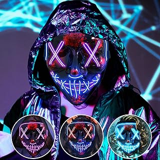 Jsdoin Halloween Masks, Scary LED Purge Mask, Light up Mask Cosplay, LED Rave Face Mask Costume 3 Lighting Modes, Halloween Face Masks for Men Women Kids