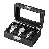 SHYOSUCCE 3 Slots Watches Storage Box with Clear Glass Window, Removable Velvet Pillow, PU Leather Watches Display Box, Black