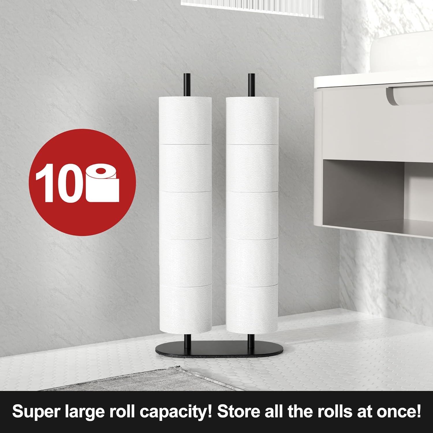 Niffgaff Toilet Roll Holder Stand(with Reserve Function), Large Capacity Double Rod Free-Standing Toilet Roll Storage Holder, Stainless Steel Toilet Paper Holder Stand for Bathroom-2