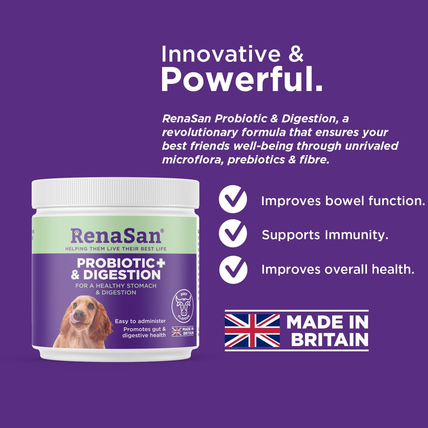 RenaSan Dog Probiotic, Digestion & Fibre (108g) – improve bowel function, stool quality, supports immunity, improves health, easy to administer powder, created by senior vets & nutritionists-1