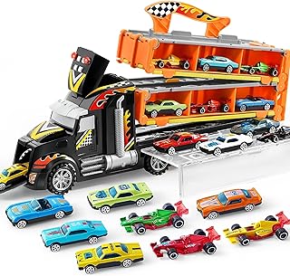 JOYIN Transport Truck Toys Car for 2 3 4 5 Year Old Boys, Foldable Toy Car Track Set, 12 Die-Cast Metal Race Cars with 2 Launchers, with Lights & Sounds, Carrier Truck Gift for Girls Boys Age 3 4 5 6+