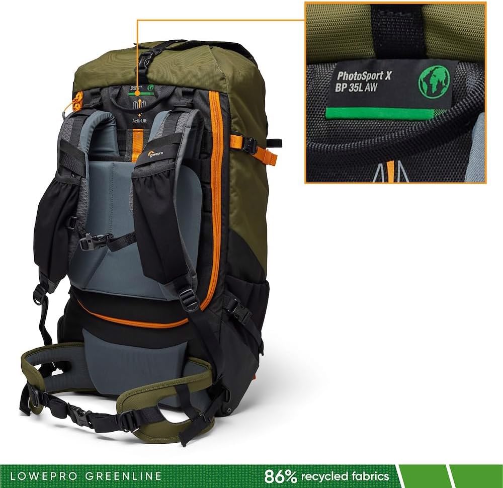 Lowepro PhotoSport X Backpack 35L AW with Recycled Fabrics, Camera Backpack for Reflex and Mirrorless, Rear Access, Removable Camera Insert, Mountaneering Dedicated Features, Size M/L, Dark Grey/Green-1