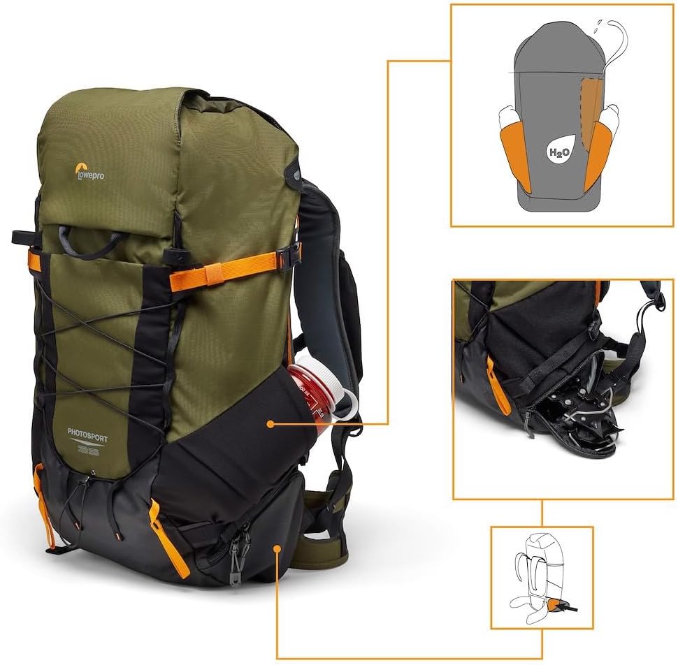 Lowepro PhotoSport X Backpack 35L AW with Recycled Fabrics, Camera Backpack for Reflex and Mirrorless, Rear Access, Removable Camera Insert, Mountaneering Dedicated Features, Size M/L, Dark Grey/Green-4