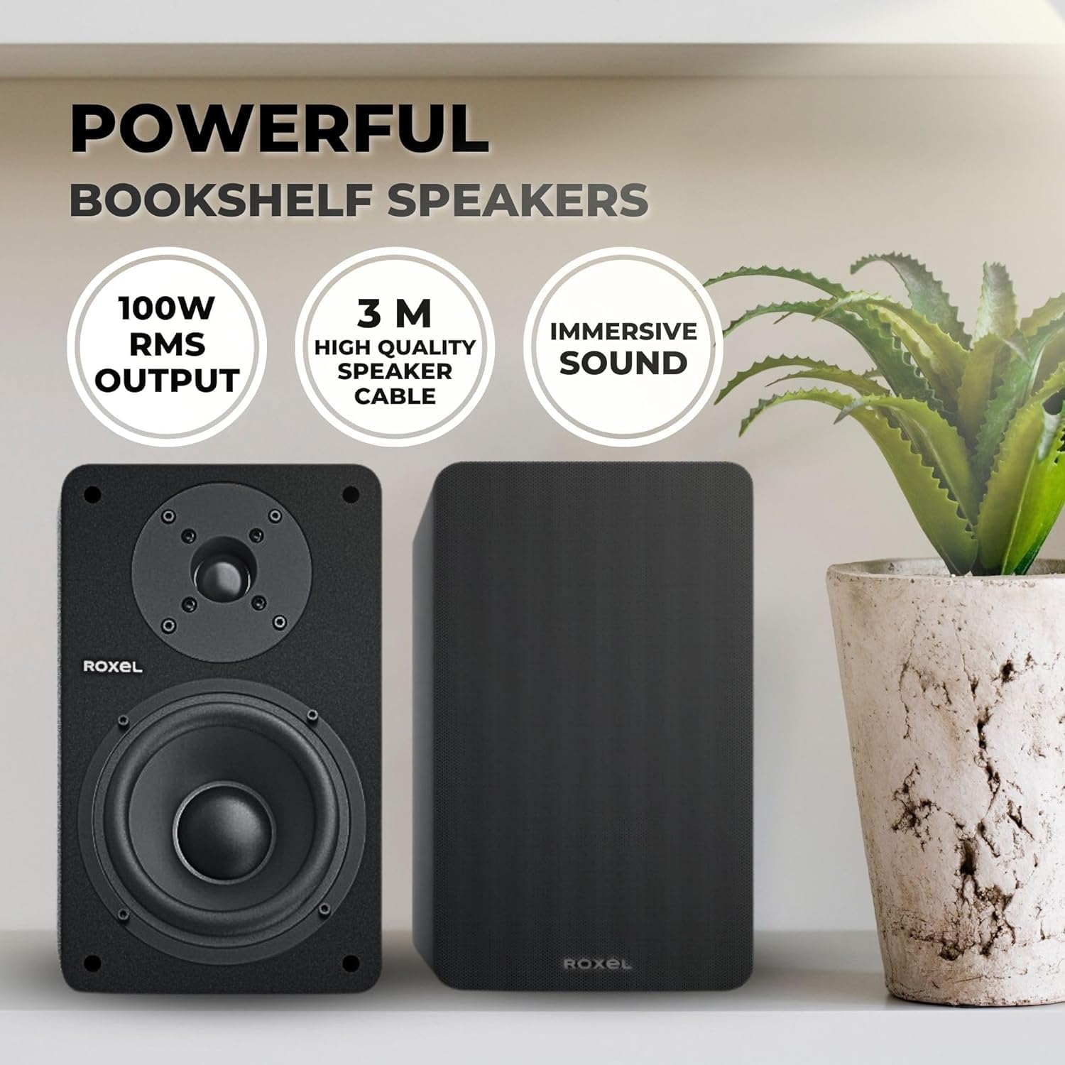 Roxel Onyx Active Bookshelf Speakers, 100 Watt RMS Power, Wireless BT 5.0 Streaming, HDMI ARC, 3-Metre Speaker Cable, Dynamic Sound for Movies, Music, Office, Home Theatre (Black)-7